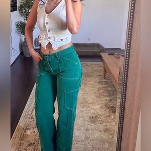 Green Denim Cargo Pants High Waist Pockets